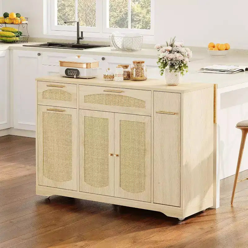 53 Isola Cucina con Anta a Ribalta, Isola Cucina su Ruote con Cestino Basculante, Mobile Contenitore, Portaspezie, 2 Cassetti, Tavolo Isola MobileCucina