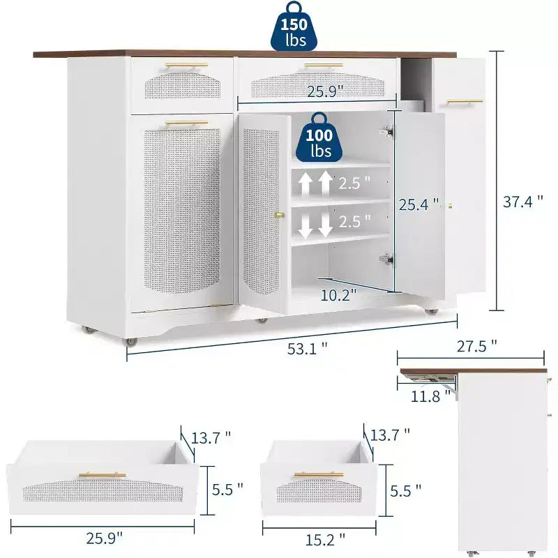 53 Isola Cucina con Anta a Ribalta, Isola Cucina su Ruote con Cestino Basculante, Mobile Contenitore, Portaspezie, 2 Cassetti, Tavolo Isola MobileCucina