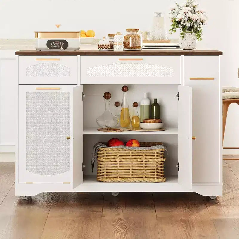 53 Isola Cucina con Anta a Ribalta, Isola Cucina su Ruote con Cestino Basculante, Mobile Contenitore, Portaspezie, 2 Cassetti, Tavolo Isola MobileCucina