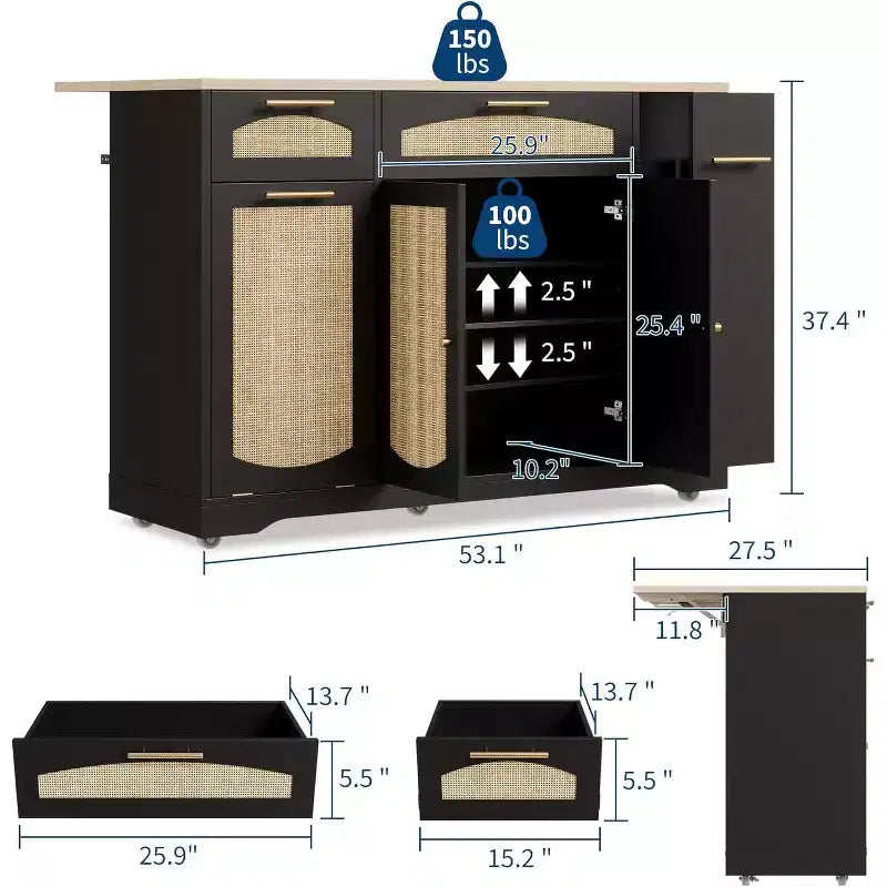 53 Isola Cucina con Anta a Ribalta, Isola Cucina su Ruote con Cestino Basculante, Mobile Contenitore, Portaspezie, 2 Cassetti, Tavolo Isola MobileCucina