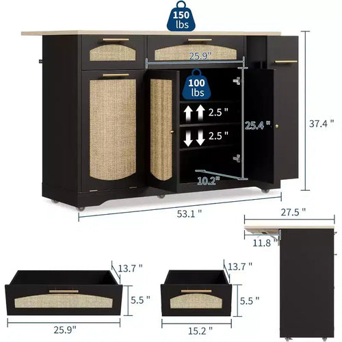 53 Îlot de Cuisine avec Abattant, Îlot Roulant de Cuisine avec Poubelle Inclinable, Armoire de Rangement, Étagère à Épices, 2 Tiroirs, Table Îlot MobileCuisine