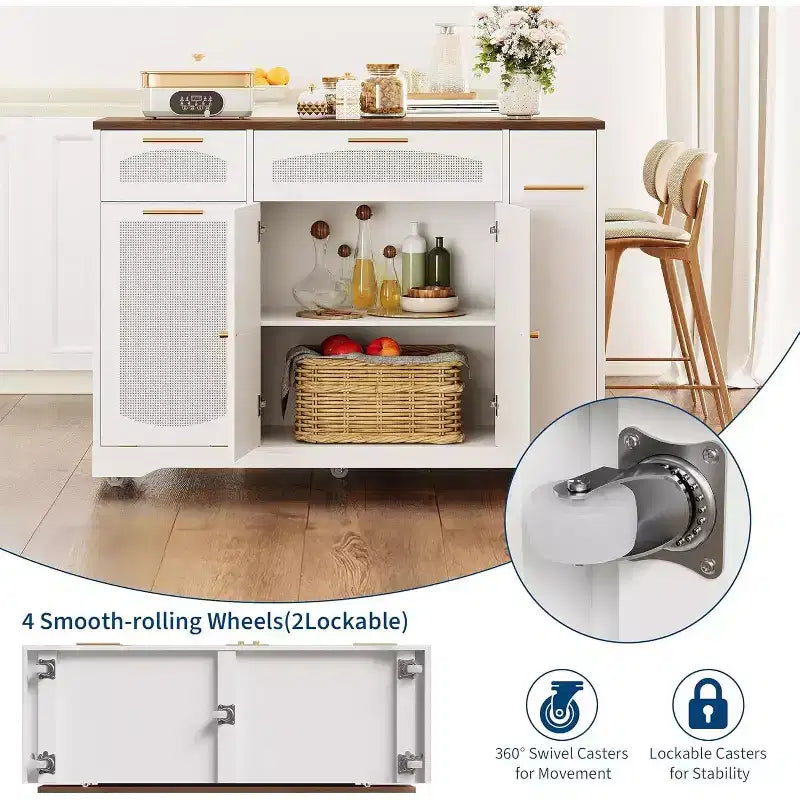 53 Isola Cucina con Anta a Ribalta, Isola Cucina su Ruote con Cestino Basculante, Mobile Contenitore, Portaspezie, 2 Cassetti, Tavolo Isola MobileCucina