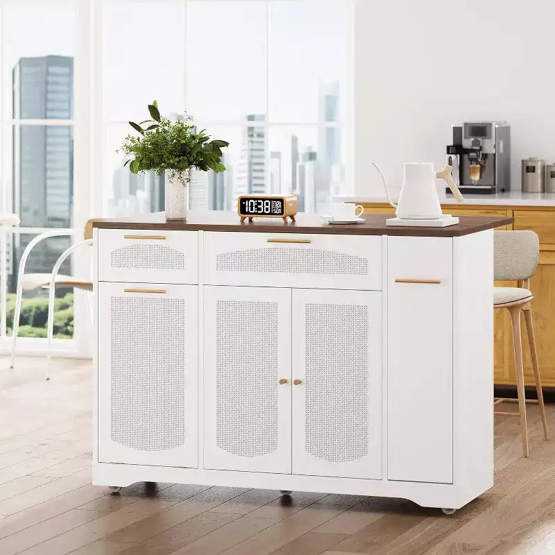 53 Isola Cucina con Anta a Ribalta, Isola Cucina su Ruote con Cestino Basculante, Mobile Contenitore, Portaspezie, 2 Cassetti, Tavolo Isola MobileCucina