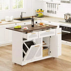 53 Isola Cucina con Anta a Ribalta, Isola Cucina su Ruote con Cestino Basculante, Mobile Contenitore, Portaspezie, 2 Cassetti, Tavolo Isola MobileCucina