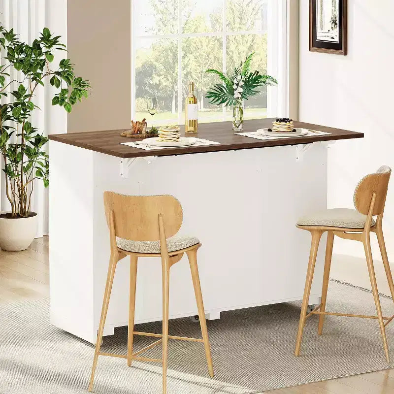 53 Isola Cucina con Anta a Ribalta, Isola Cucina su Ruote con Cestino Basculante, Mobile Contenitore, Portaspezie, 2 Cassetti, Tavolo Isola MobileCucina