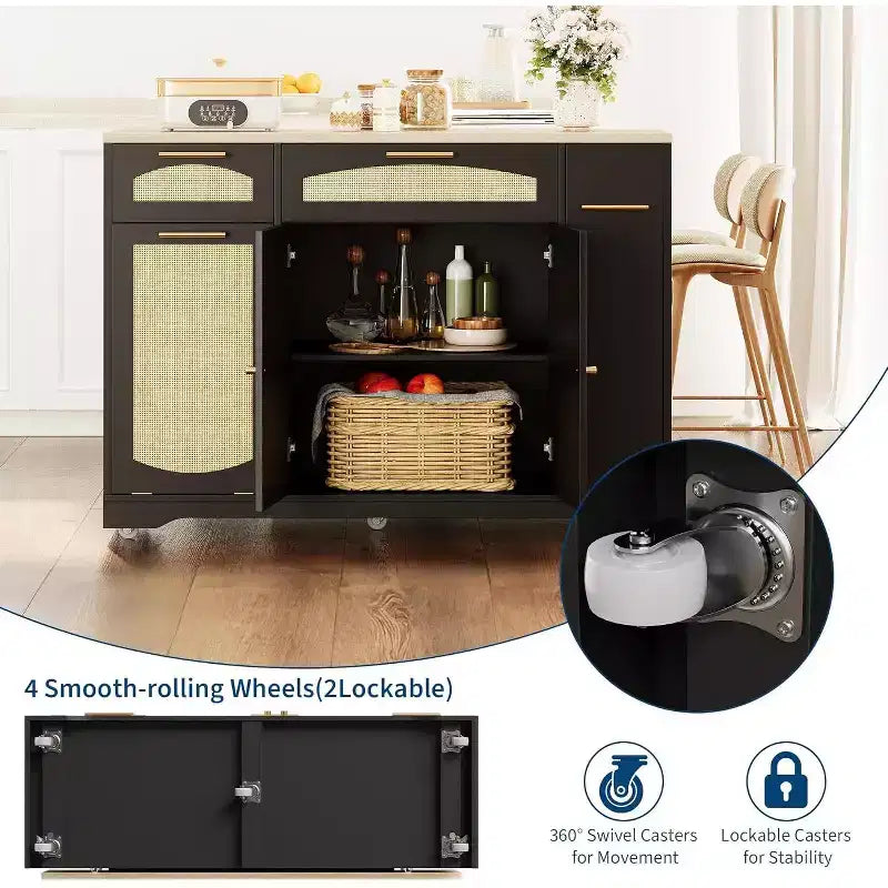 53 Isola Cucina con Anta a Ribalta, Isola Cucina su Ruote con Cestino Basculante, Mobile Contenitore, Portaspezie, 2 Cassetti, Tavolo Isola MobileCucina