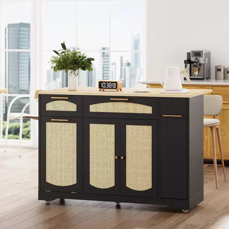 53 Isola Cucina con Anta a Ribalta, Isola Cucina su Ruote con Cestino Basculante, Mobile Contenitore, Portaspezie, 2 Cassetti, Tavolo Isola MobileCucina