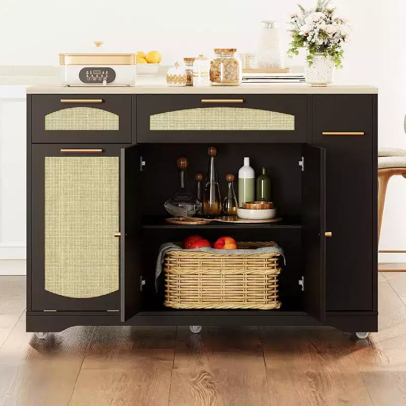 53 Isola Cucina con Anta a Ribalta, Isola Cucina su Ruote con Cestino Basculante, Mobile Contenitore, Portaspezie, 2 Cassetti, Tavolo Isola MobileCucina