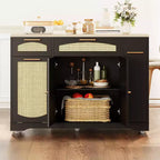 53 Isola Cucina con Anta a Ribalta, Isola Cucina su Ruote con Cestino Basculante, Mobile Contenitore, Portaspezie, 2 Cassetti, Tavolo Isola MobileCucina