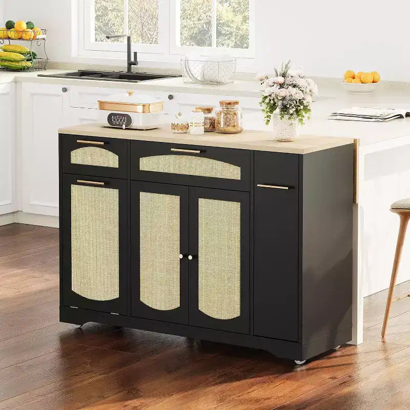 53 Isola Cucina con Anta a Ribalta, Isola Cucina su Ruote con Cestino Basculante, Mobile Contenitore, Portaspezie, 2 Cassetti, Tavolo Isola MobileCucina