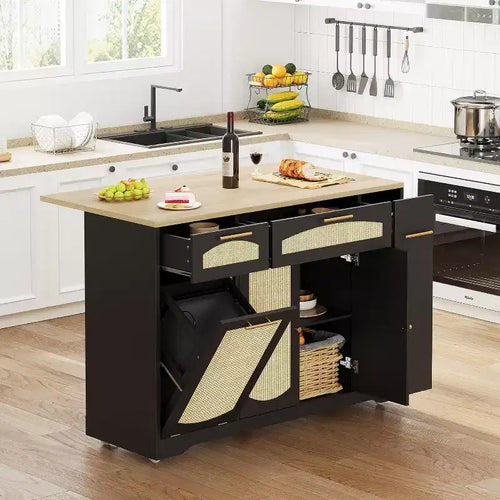 53 Kitchen Island with Drop Leaf, Kitchen Rolling Island with Tilt Out Trash Can, Storage Cabinet, Spice Rack, 2 Drawer, Mobile Island TableKitchen