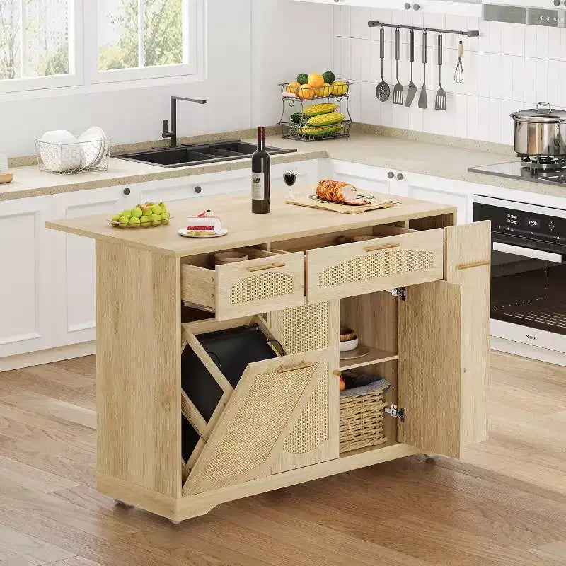 53 Isola Cucina con Anta a Ribalta, Isola Cucina su Ruote con Cestino Basculante, Mobile Contenitore, Portaspezie, 2 Cassetti, Tavolo Isola MobileCucina