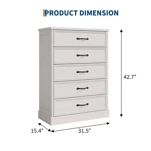 Commode moderne du milieu du siècle à 5 tiroirs - Commode en bois avec rangement de placard pour chambre ou salon (Blanc)