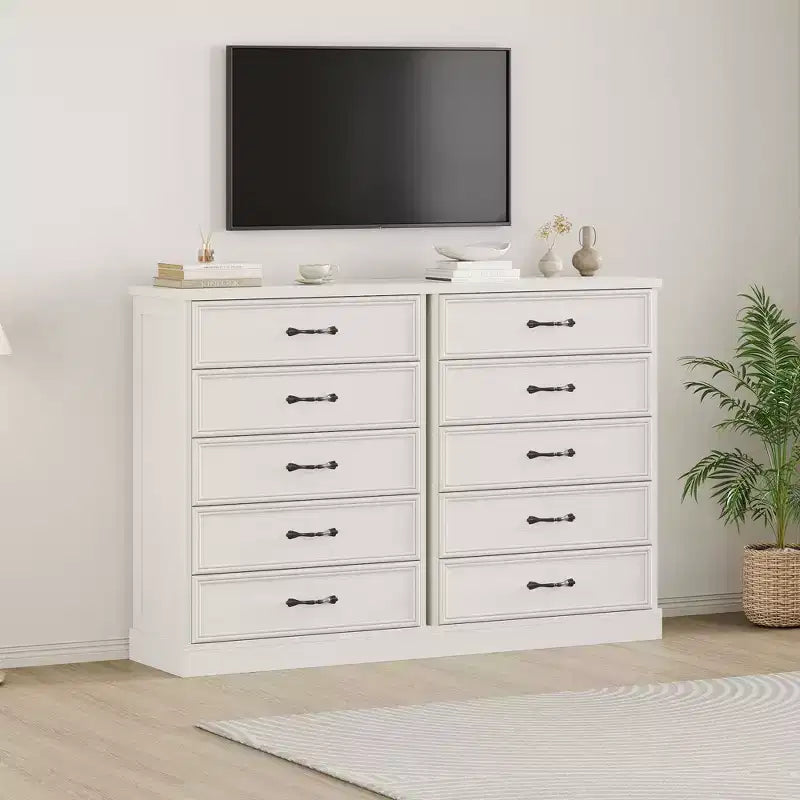 Comò a 5 cassetti Mid-Century Modern 42 - Cassettiera in legno con armadio per camera da letto o soggiorno (bianco)