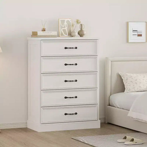 42 Mid-Century Modern 5-Drawer Dresser - Wooden Chest of Drawers with Closet Storage for Bedroom or Living Room (White)