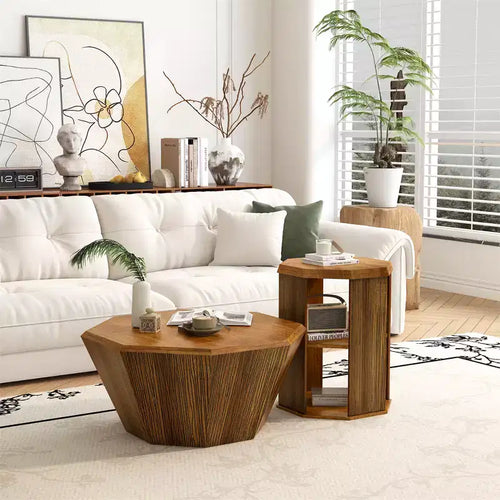 31.5 Inch Farmhouse Octagonal Coffee Table, Rubber Wood Center Table with Modern Design for Living Room and Office