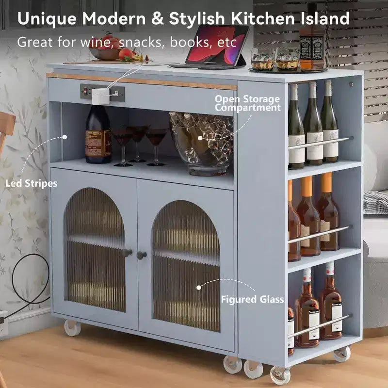GDFStudio Paolo Isola da cucina moderna con ruote, tavolo e mobile estraibili, luce LED e presa di corrente