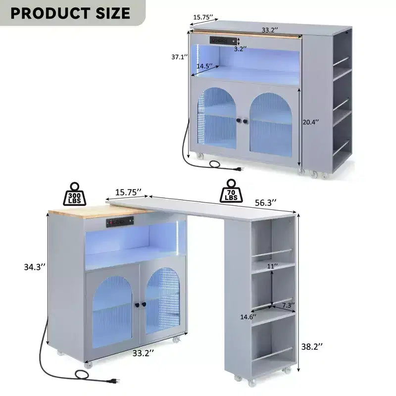 GDFStudio Paolo Isola da cucina moderna con ruote, tavolo e mobile estraibili, luce LED e presa di corrente