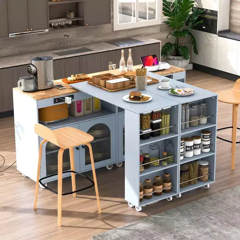 GDFStudio Paolo Isola da cucina moderna con ruote, tavolo e mobile estraibili, luce LED e presa di corrente