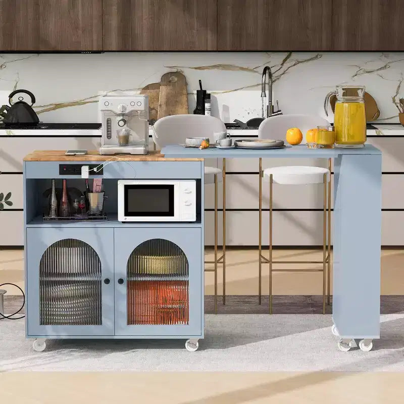GDFStudio Paolo Modern Rolling Kitchen Island with Movable Table & Cabinet, LED Light and Power Outlet
