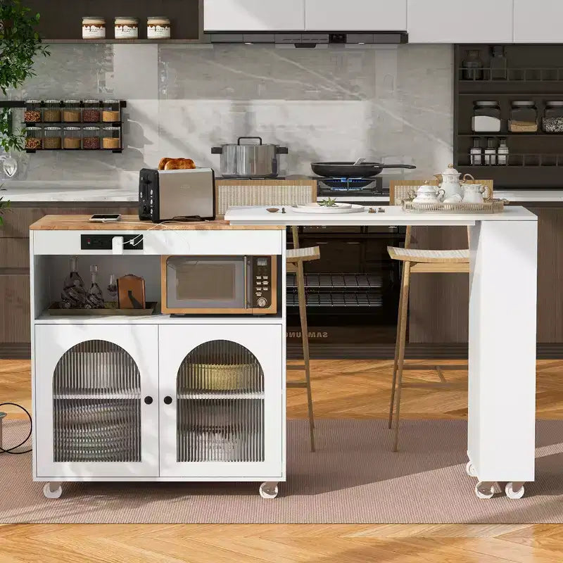 GDFStudio Paolo Isola da cucina moderna con ruote, tavolo e mobile estraibili, luce LED e presa di corrente