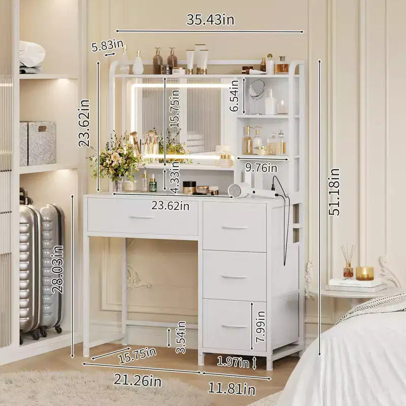 Acekool Toeletta con Specchio, Tavolo da Trucco da 35,4" con 4 Cassetti in Tessuto e Ripiani Contenitori