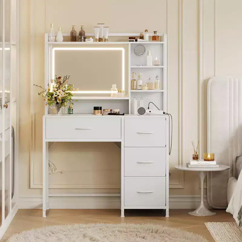 Acekool Toeletta con Specchio, Tavolo da Trucco da 35,4" con 4 Cassetti in Tessuto e Ripiani Contenitori