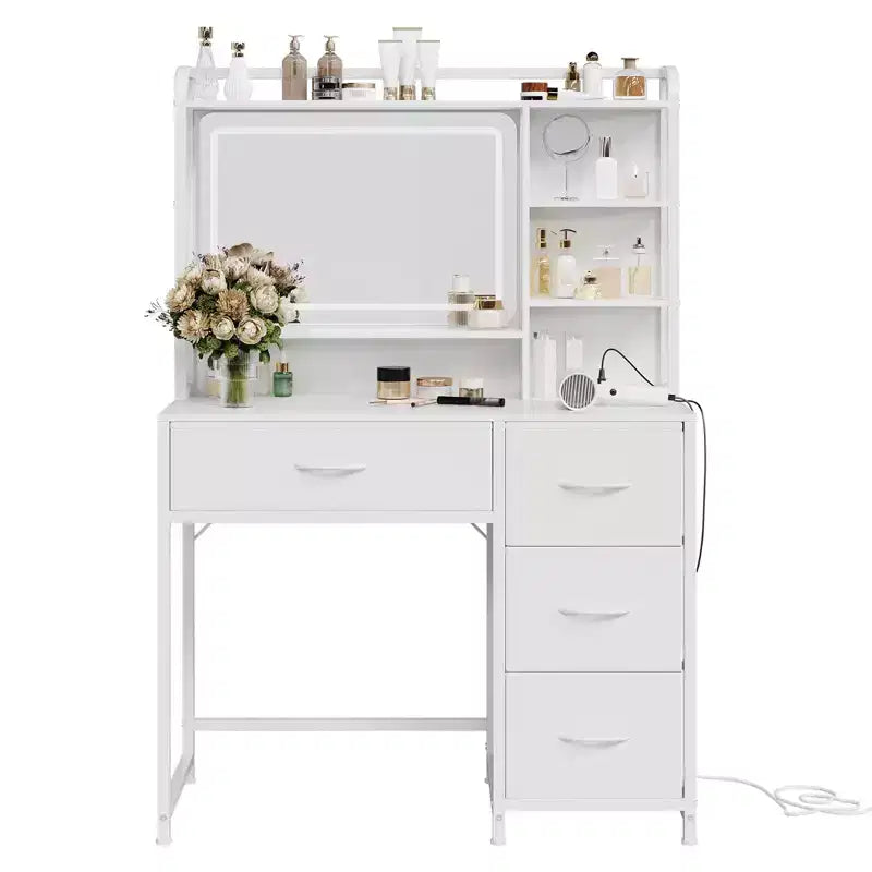 Acekool Toeletta con Specchio, Tavolo da Trucco da 35,4" con 4 Cassetti in Tessuto e Ripiani Contenitori