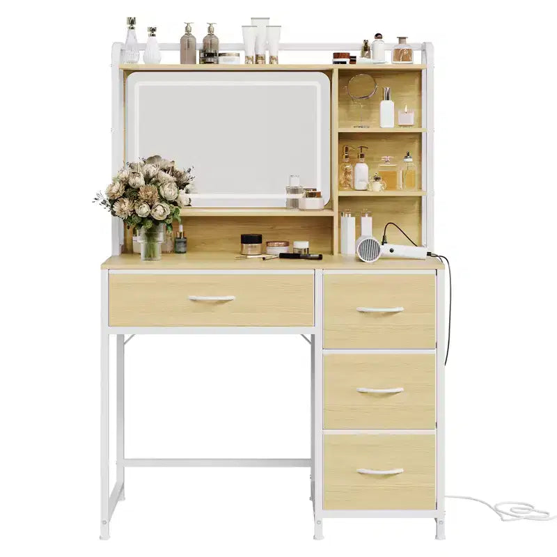 Acekool Toeletta con Specchio, Tavolo da Trucco da 35,4" con 4 Cassetti in Tessuto e Ripiani Contenitori