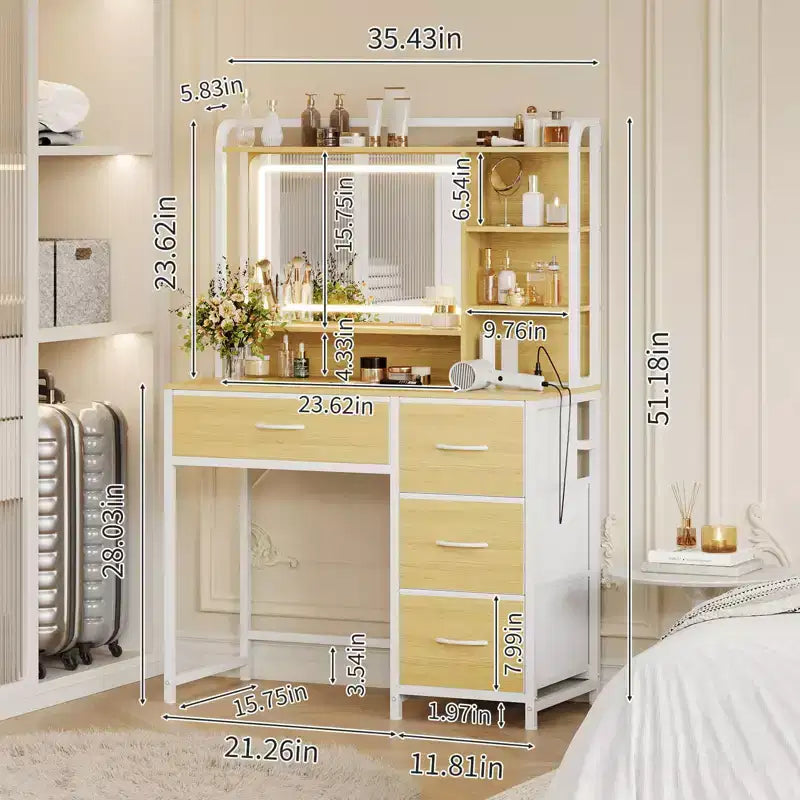 Acekool Vanity Desk with Mirror, 35.4 Makeup Vanity Table with 4 Fabric Drawers & Storage Shelves