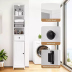 Mobile Contenitore Alto per Bagno, Mobiletto Stretto e Sottile Autoportante con 2 Ante Scorrevole e 1 Cassetto con Ripiani Regolabili per Cucina, Bagno