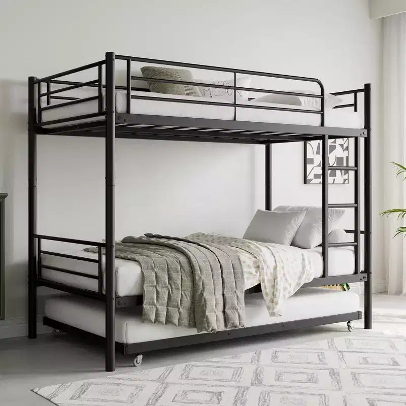 Letto a Castello in Metallo con Struttura e Rotelle Estraibili, con Scaletta e Sponde di Sicurezza, Salvaspazio per Adolescenti, Ospiti, Camere da Letto Piccole