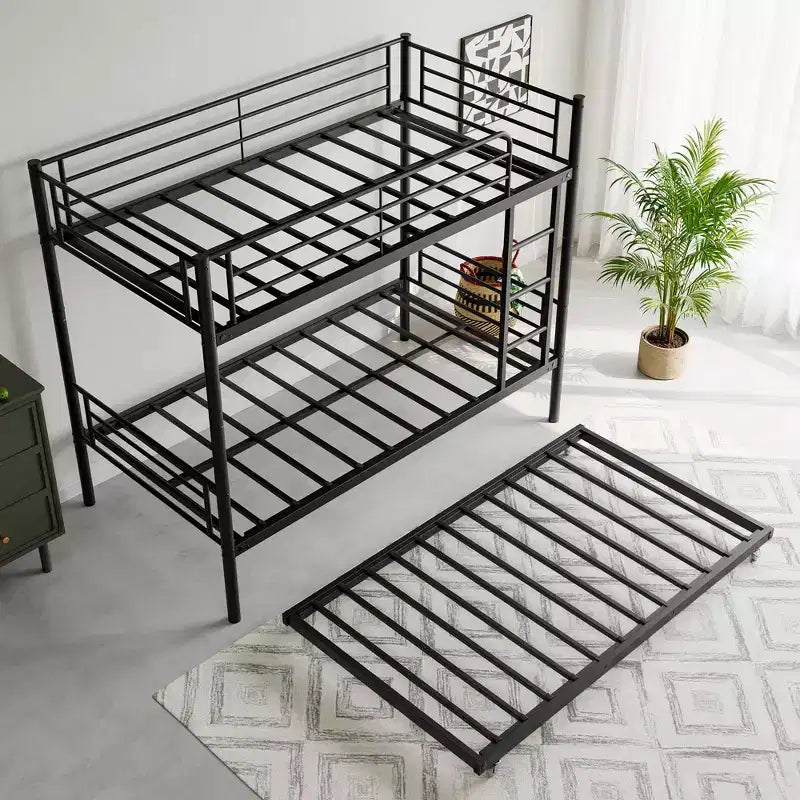 Letto a Castello in Metallo con Struttura e Rotelle Estraibili, con Scaletta e Sponde di Sicurezza, Salvaspazio per Adolescenti, Ospiti, Camere da Letto Piccole