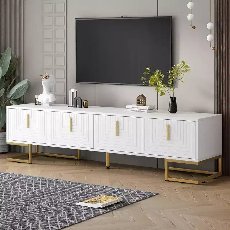 Mobile TV Moderno JVNOXKON da 70 pollici, adatto per TV fino a 80 pollici, con gambe e maniglie in metallo e spazio contenitivo, colore bianco