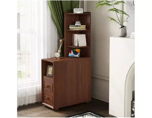 47.2 Tall Walnut Nightstand, Charging Station, Drawers & Open Shelves, Narrow Side Table for Small Spaces, Living Room, Bedroom