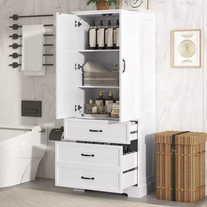 GDFStudio Clara Mobile Contenitore Alto da Bagno Moderno in Legno con Doppie Ante, Ripiano Regolabile e 2 Cassetti