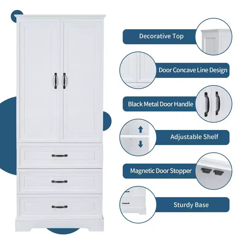 GDFStudio Clara Mobile Contenitore Alto da Bagno Moderno in Legno con Doppie Ante, Ripiano Regolabile e 2 Cassetti