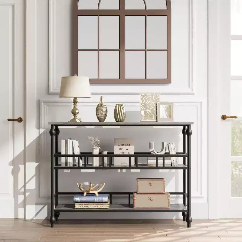 Narrow Console Table Vintage Farmhouse Style 43 Inch Sofa Side Table with 2 Open Shelves Decorative Roman Metal Legs for Living Room Hallway Entryway