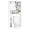 White Over Toilet Storage Cabinet with Barn Door and Tissue Holder, Freestanding MDF Bathroom Organizer with 2 Doors and Shelf