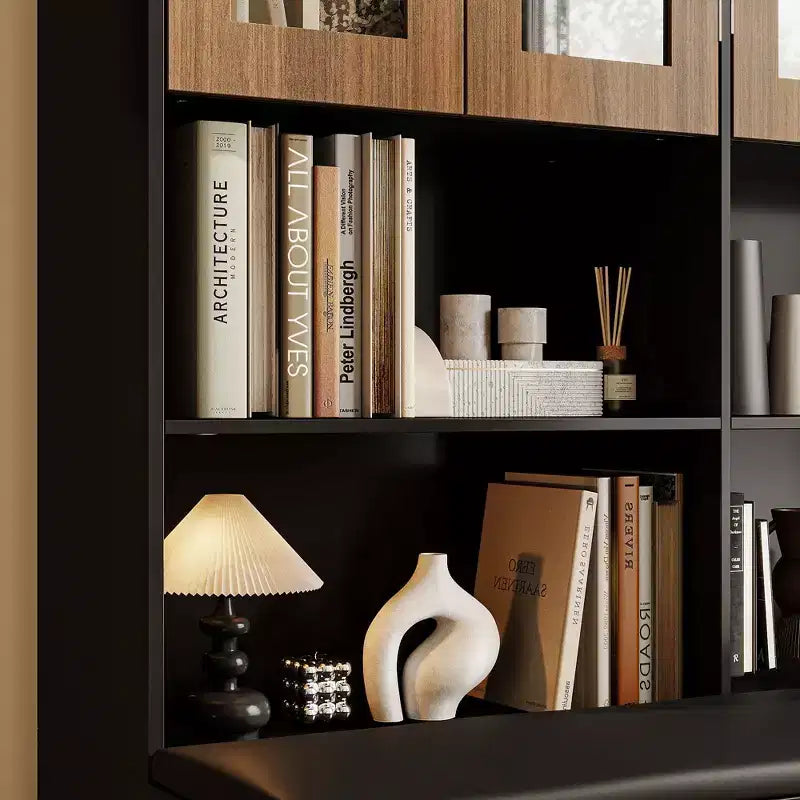 Libreria Hitow con panca imbottita, vetrina con ante in vetro, libreria con cassetti, ante in vetro ad arco, scarpiera da ingresso