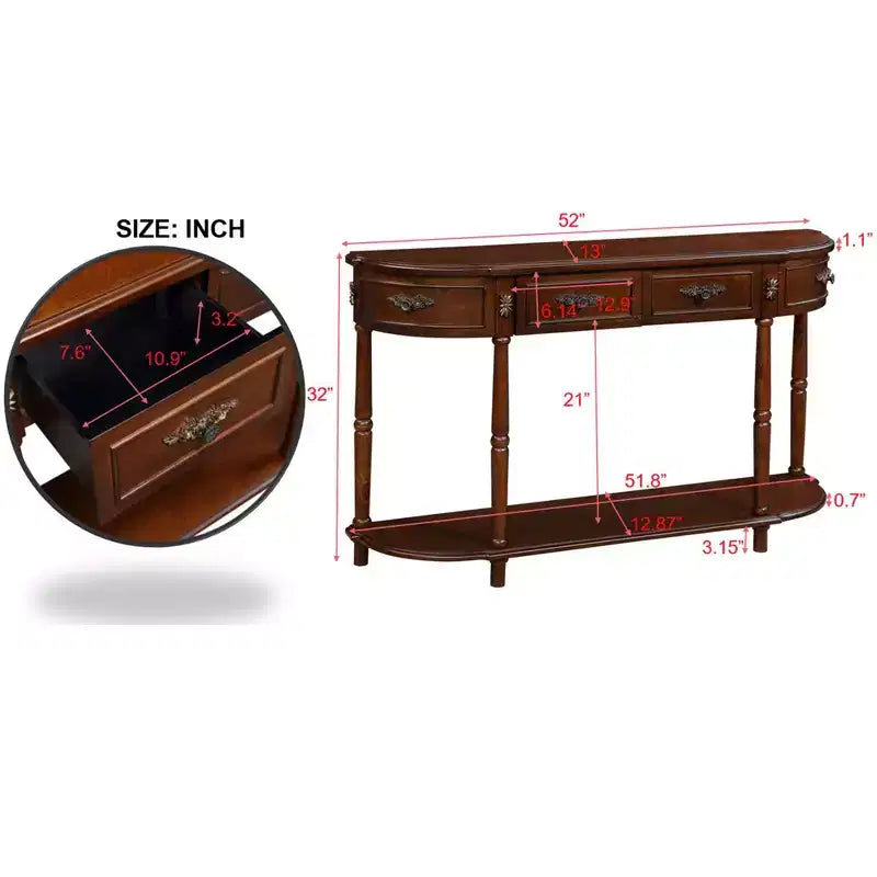 TUYOHW Tavolo Consolle Retrò Curvo con 2 Cassetti, Tavolo da Divano Rustico con Gambe Romane e Ripiano Aperto, Tavolo da Ingresso in Legno per Soggiorno, Corridoio