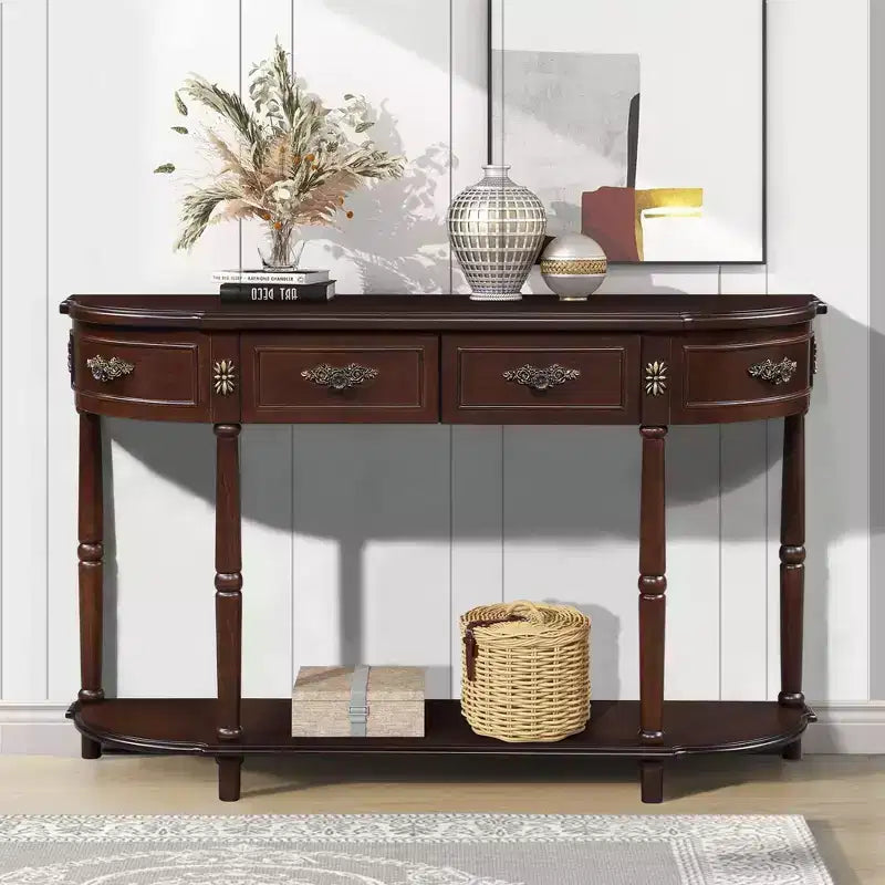 TUYOHW Tavolo Consolle Retrò Curvo con 2 Cassetti, Tavolo da Divano Rustico con Gambe Romane e Ripiano Aperto, Tavolo da Ingresso in Legno per Soggiorno, Corridoio