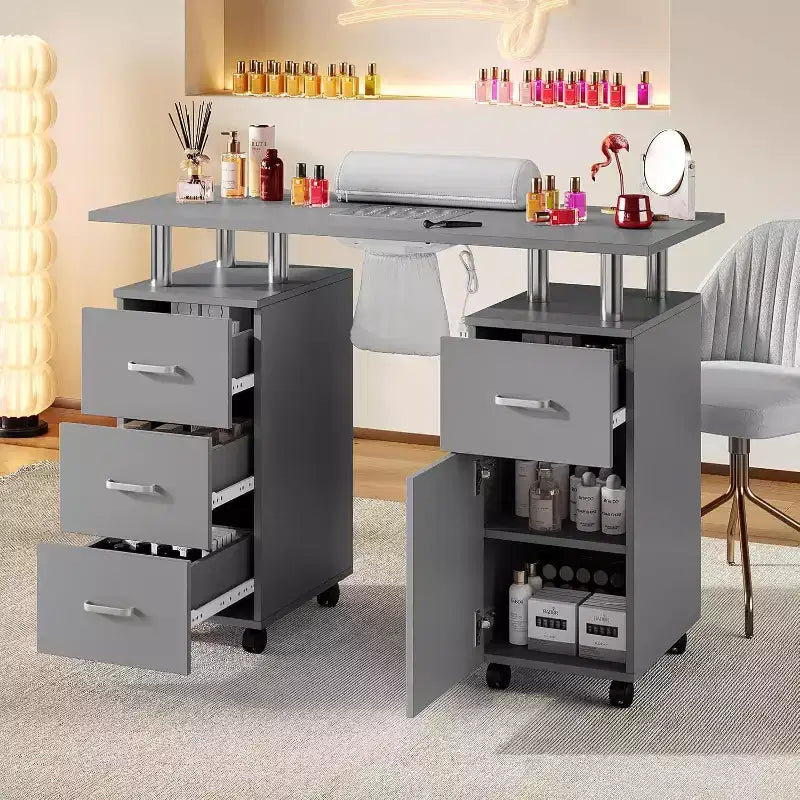 Tavolo Manicure con Aspiratore Elettrico per Polveri, Tavolo Unghie 42" Postazione per Salone di Bellezza con Ruote Bloccabili, Bracciolo, 4 Cassetti Portaoggetti, Piano Resistente