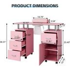 Tavolo Manicure con Aspiratore Elettrico per Polveri, Tavolo Unghie 42" Postazione per Salone di Bellezza con Ruote Bloccabili, Bracciolo, 4 Cassetti Portaoggetti, Piano Resistente