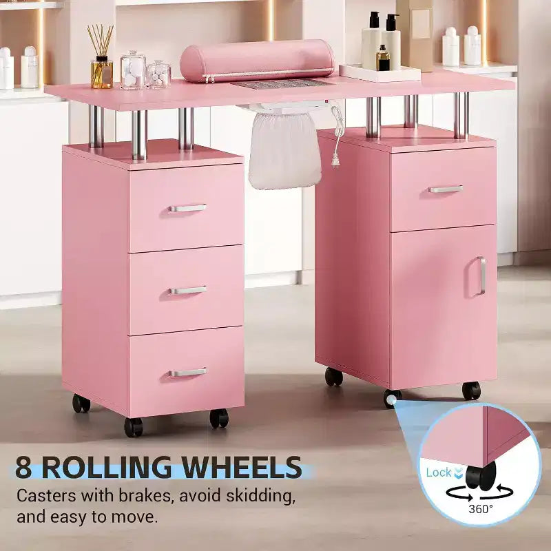 Tavolo Manicure con Aspiratore Elettrico per Polveri, Tavolo Unghie 42" Postazione per Salone di Bellezza con Ruote Bloccabili, Bracciolo, 4 Cassetti Portaoggetti, Piano Resistente