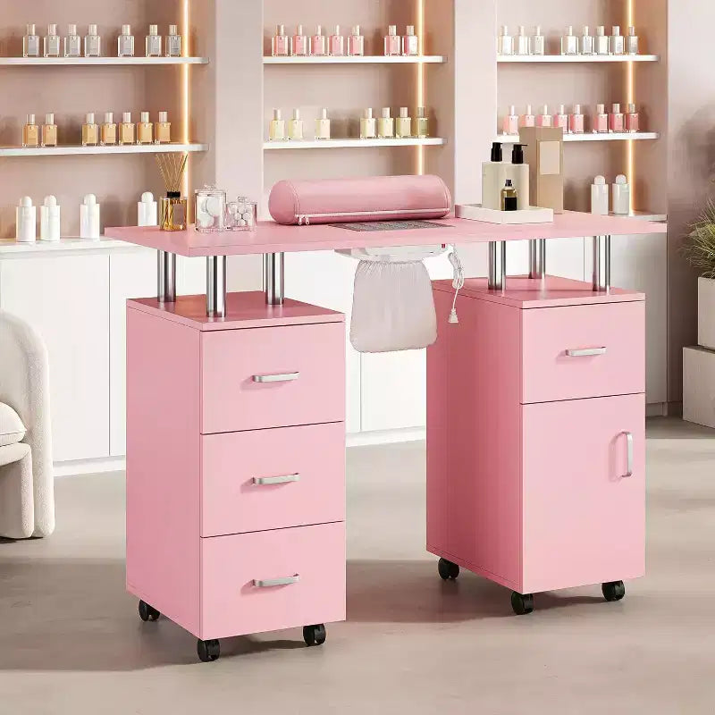 Tavolo Manicure con Aspiratore Elettrico per Polveri, Tavolo Unghie 42" Postazione per Salone di Bellezza con Ruote Bloccabili, Bracciolo, 4 Cassetti Portaoggetti, Piano Resistente