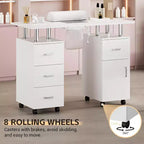 Tavolo Manicure con Aspiratore Elettrico per Polveri, Tavolo Unghie 42" Postazione per Salone di Bellezza con Ruote Bloccabili, Bracciolo, 4 Cassetti Portaoggetti, Piano Resistente