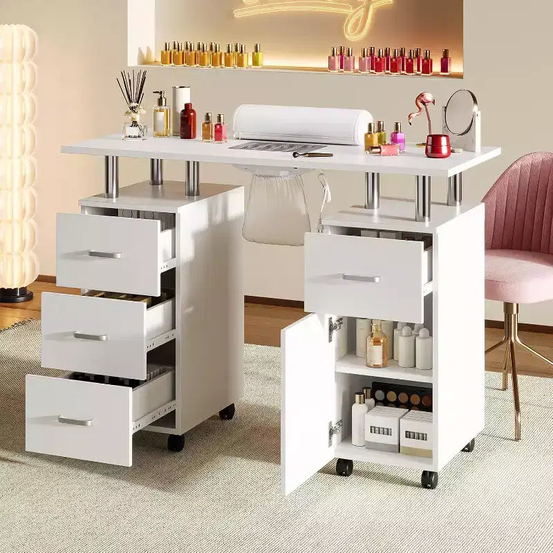 Tavolo Manicure con Aspiratore Elettrico per Polveri, Tavolo Unghie 42" Postazione per Salone di Bellezza con Ruote Bloccabili, Bracciolo, 4 Cassetti Portaoggetti, Piano Resistente