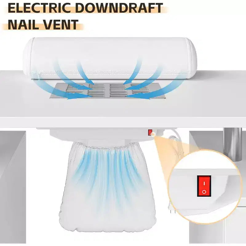Tavolo Manicure con Aspiratore Elettrico per Polveri, Tavolo Unghie 42" Postazione per Salone di Bellezza con Ruote Bloccabili, Bracciolo, 4 Cassetti Portaoggetti, Piano Resistente