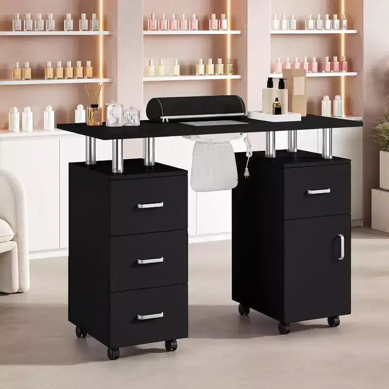 Tavolo Manicure con Aspiratore Elettrico per Polveri, Tavolo Unghie 42" Postazione per Salone di Bellezza con Ruote Bloccabili, Bracciolo, 4 Cassetti Portaoggetti, Piano Resistente
